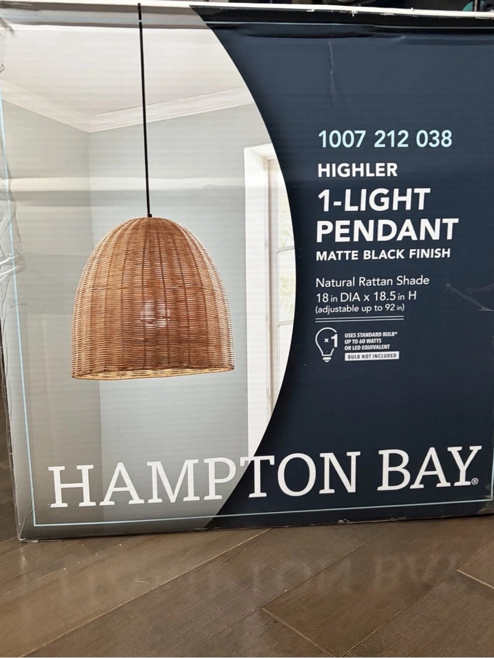 Hampton Bay Natural Rattan 1-Light Pendant - Matte Black Finish